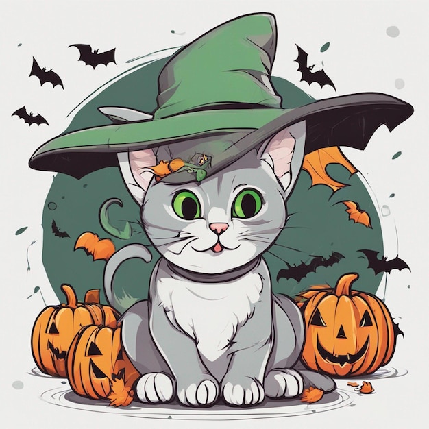 Um lindo gato cinza de olhos verdes com morcegos de Halloween voando ao redor do fundo delineado