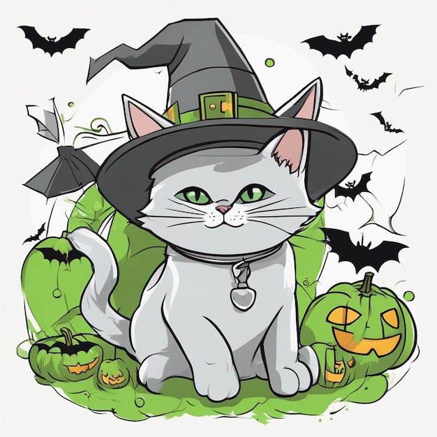 Um lindo gato cinza de olhos verdes com morcegos de Halloween voando ao redor do fundo delineado