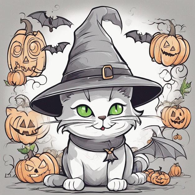 Um lindo gato cinza de olhos verdes com morcegos de Halloween voando ao redor do fundo delineado