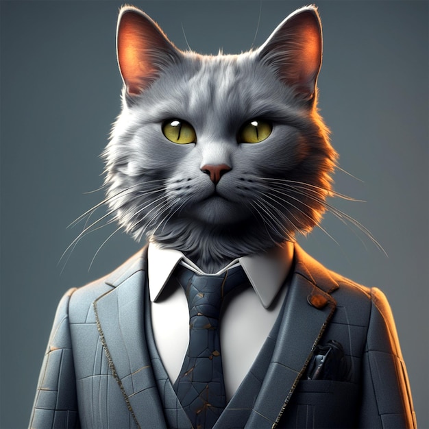 um lindo gato cinza vestindo uma roupa feita à mão efeito cinematográfico 8k pintura hiperdetalhada