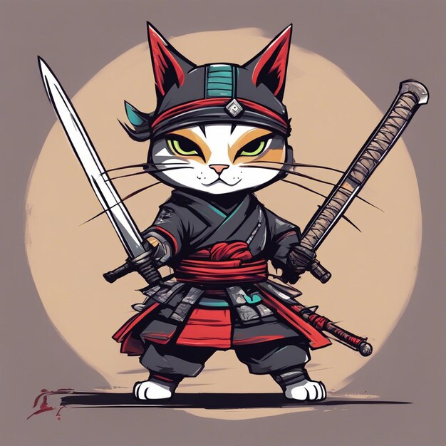 Foto um lindo gato de atitude guerreiro samural gato ninja com design de camiseta de espada
