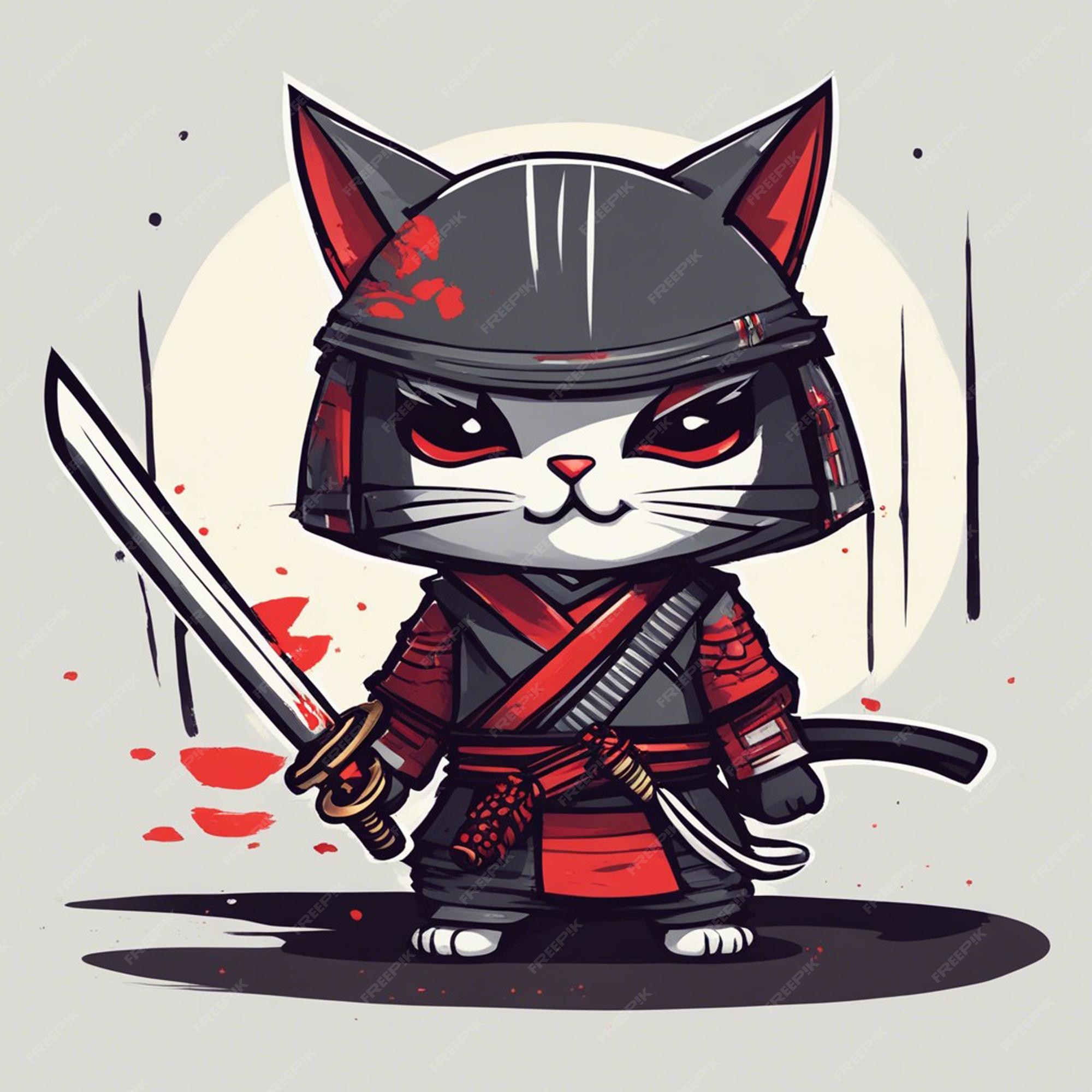 Lindo gato ninja segurando uma espada