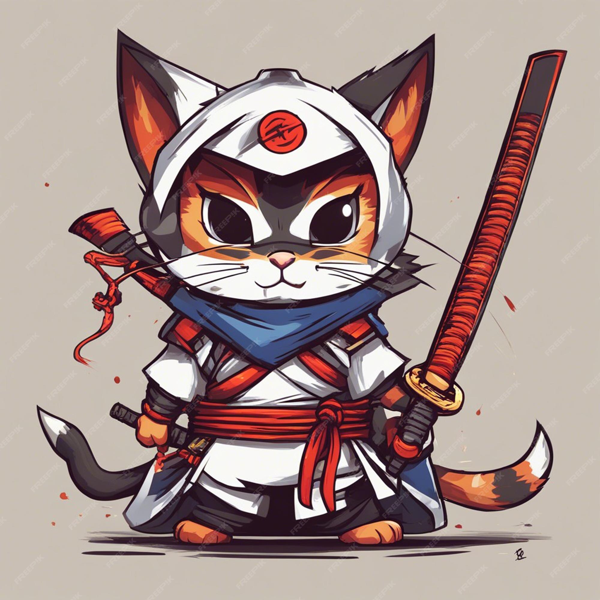 Lindo gato ninja segurando uma espada