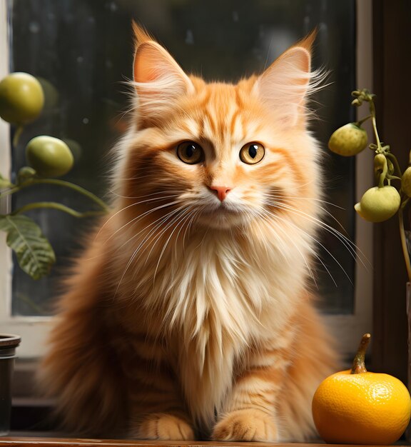 Um lindo gato laranja na mesa.