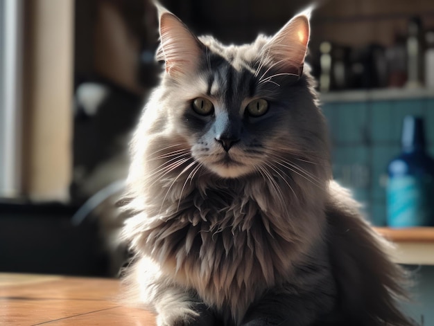 Um lindo gato maine coon cinza está descansando generative ai