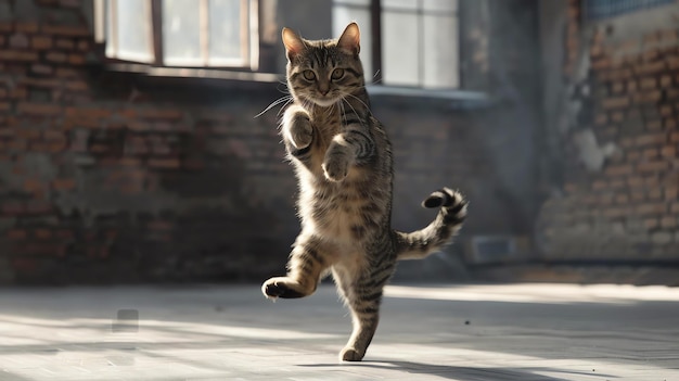 Um lindo gato tabby com olhos brilhantes está dançando em suas patas traseiras no meio de uma grande sala vazia com paredes de tijolos e grandes janelas