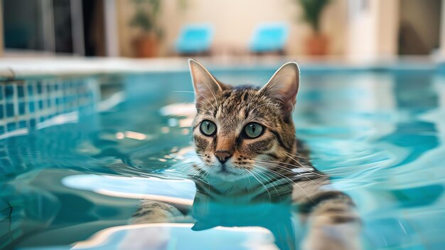 Foto um lindo gato tabby está nadando em uma piscina azul em um dia ensolarado o gato está flutuando de costas e seus olhos estão fechados