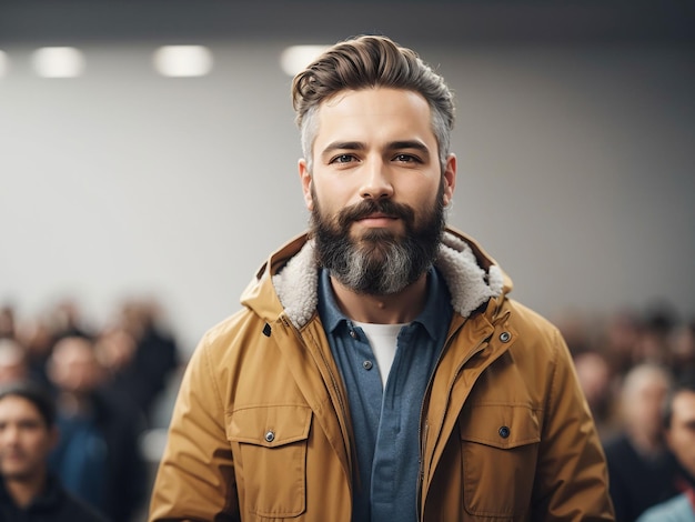 Um lindo homem de negócios barbudo a esfregar as mãos.