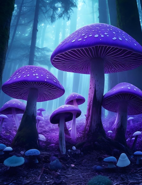 Um lindo jardim de cogumelos coloridos e realistas com um lindo fundo gerado por IA