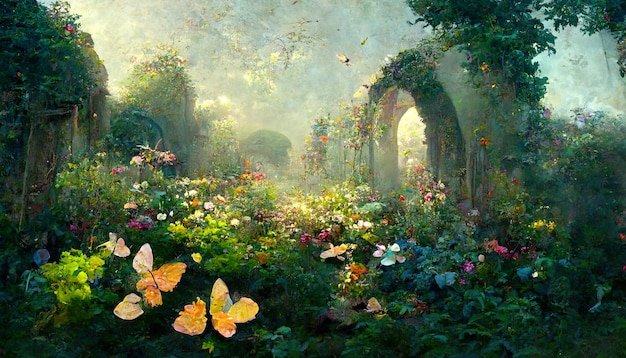 Um lindo jardim secreto de conto de fadas com arcos de flores e vegetação colorida Ilustração de fundo de pintura digital