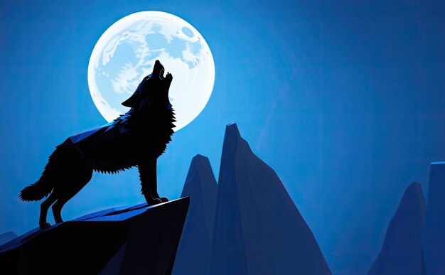 Um lindo lobo de desenho animado em 3D está rugindo na colina.
