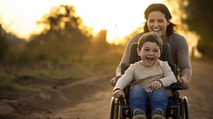 Um lindo menino com uma deficiência caminha em uma cadeira de rodas com sua mãe ao pôr do sol Uma criança com deficiência