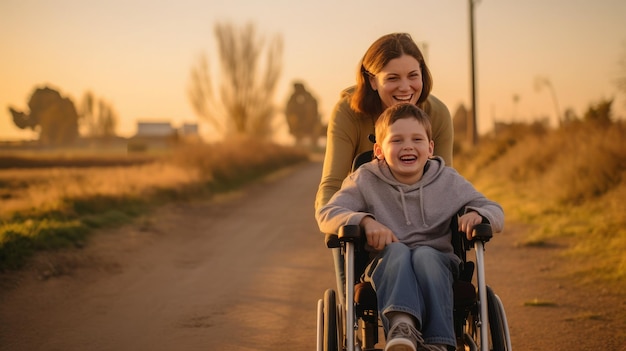 Um lindo menino com uma deficiência caminha em uma cadeira de rodas com sua mãe ao pôr do sol Uma criança com deficiência