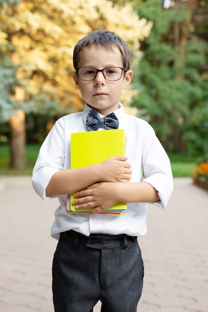 um lindo menino de colegial com óculos e uma camisa branca segurando cadernos brilhantes para anotações