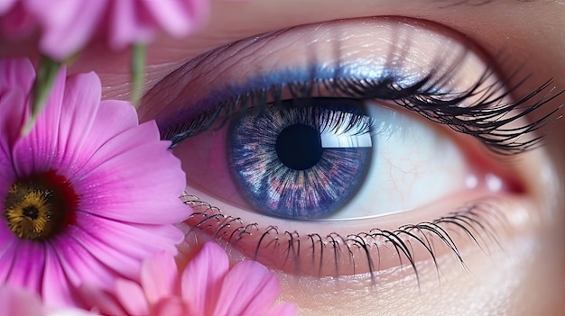 Foto um lindo olho azul, natural, crescendo flores florais cor-de-rosa e roxas na íris do olho