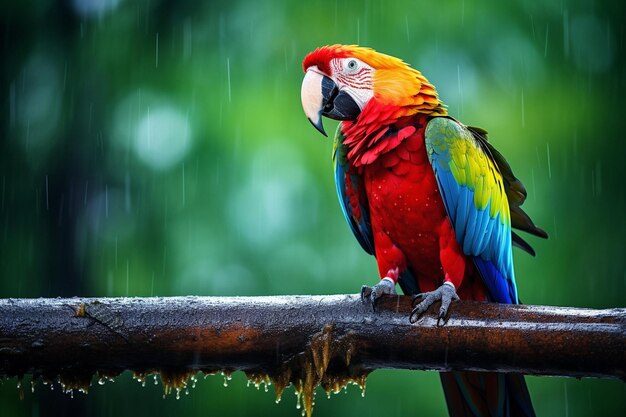 Um lindo papagaio-ara na chuva, um papagaio tropical.
