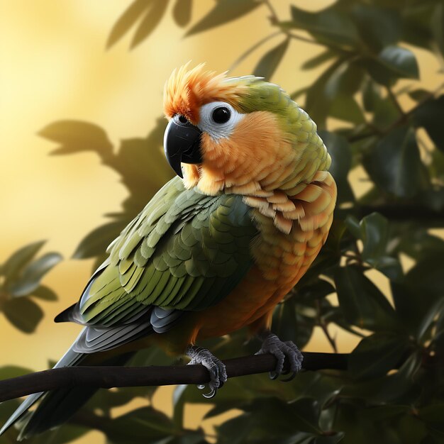 Um lindo papagaio laranja sentado num galho na chuva