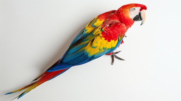 Foto um lindo papagaio macau escarlate com penas vermelhas, azuis e amarelas vibrantes está de pé sobre um fundo branco olhando para a direita