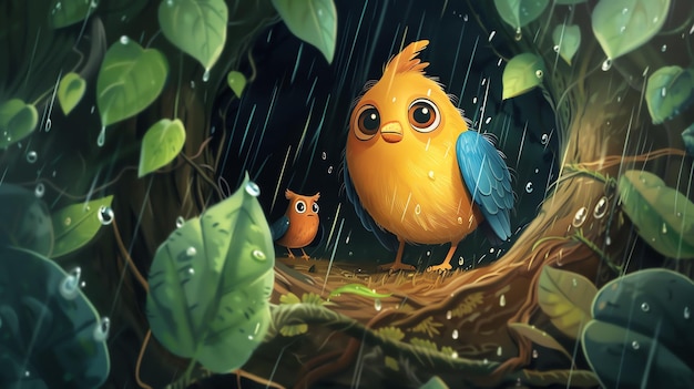 Um lindo pássaro de desenho animado está se abrigando da chuva em um ninho feito de folhas o pássaro é amarelo com uma barriga azul e uma cabeça marrom