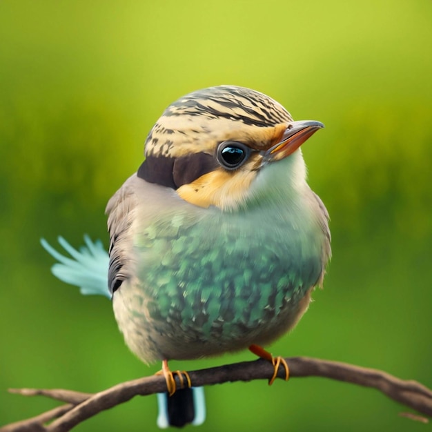 Um lindo pássaro verde com óculos de sol na cabeça em frente a um fundo verde Generative AI