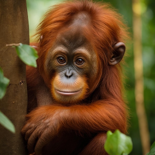 Foto um lindo pequeno orangotango.