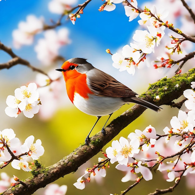 Um lindo Robin empoleirado no topo de uma árvore de espinheiro em flor cercada por uma enxurrada de pétalas