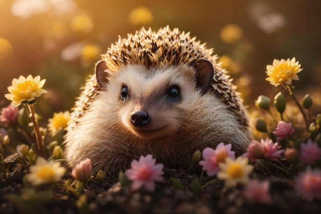 um lindo rosto de ouriço com flores da primavera closeup ai generative