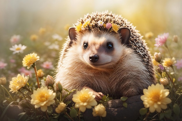 um lindo rosto de ouriço com flores da primavera closeup ai generative