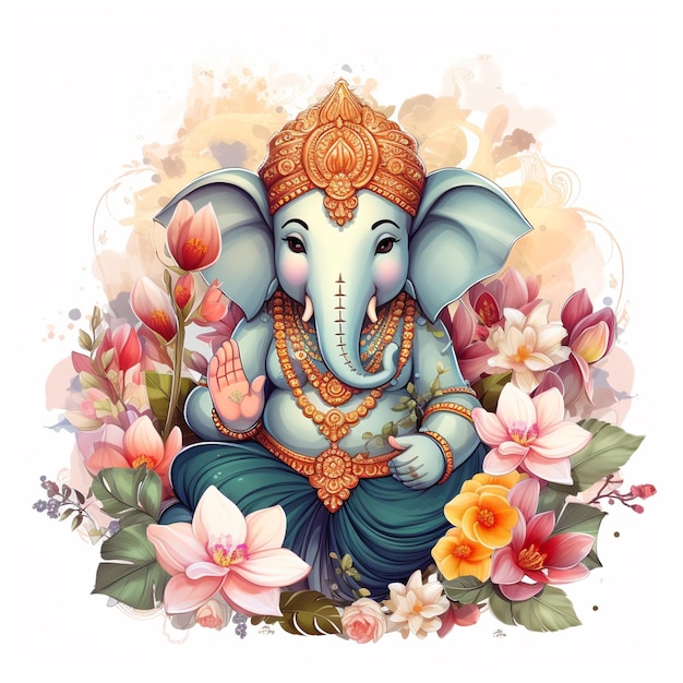 Um lindo Senhor Ganpati com flores com fundo branco