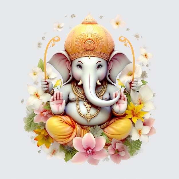 Um lindo Senhor Ganpati com flores com fundo branco