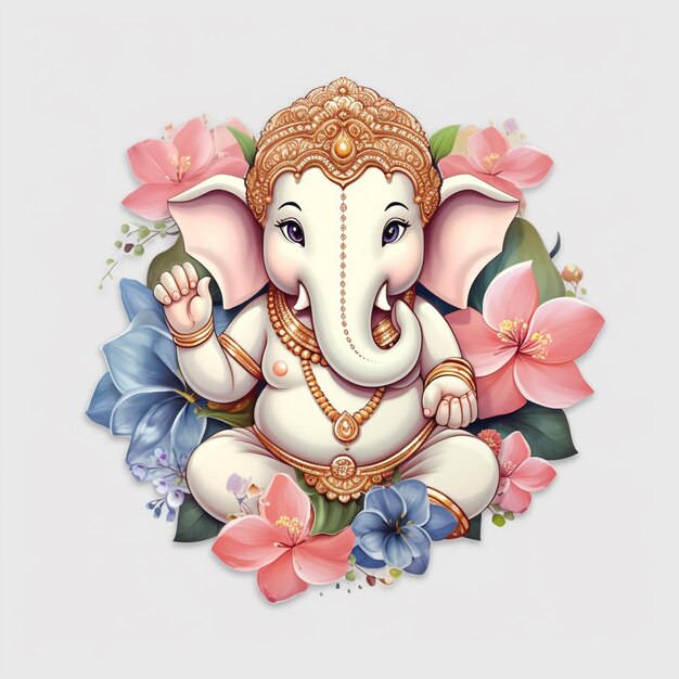 Um lindo Senhor Ganpati com flores com fundo branco