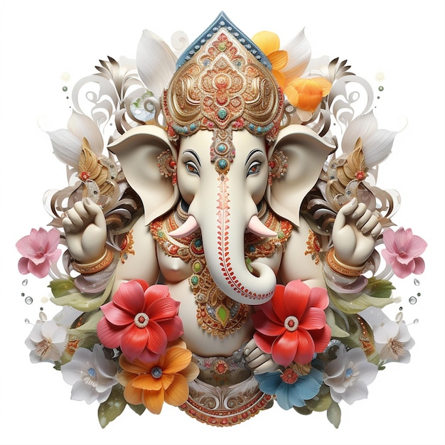 Um lindo Senhor Ganpati com flores com fundo branco