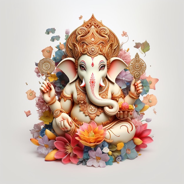 Um lindo Senhor Ganpati com flores com fundo branco