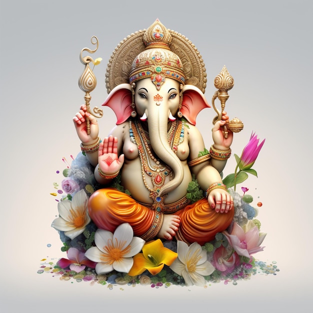 Um lindo Senhor Ganpati com flores com fundo branco