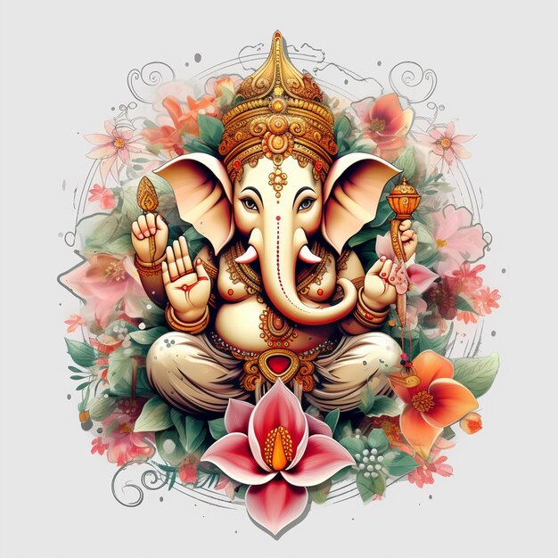 Um lindo Senhor Ganpati com flores com fundo branco