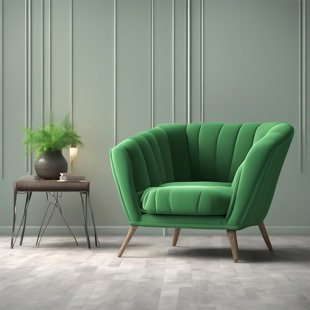 Um lindo sofá verde com uma mesa lateral