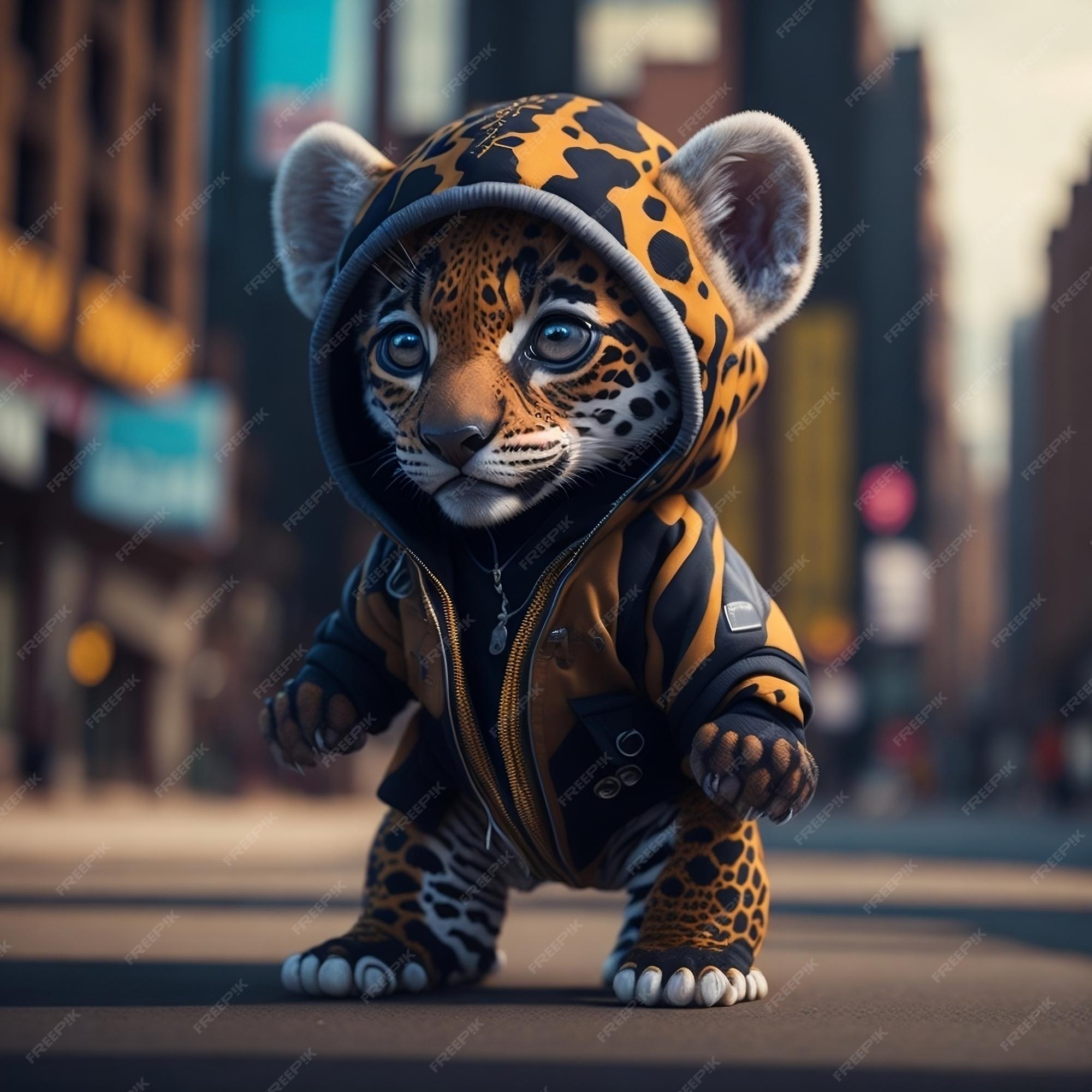 Um lindo tigre bebê hiper realista de kawaii vestindo roupas de hip hop  fundo da cidade