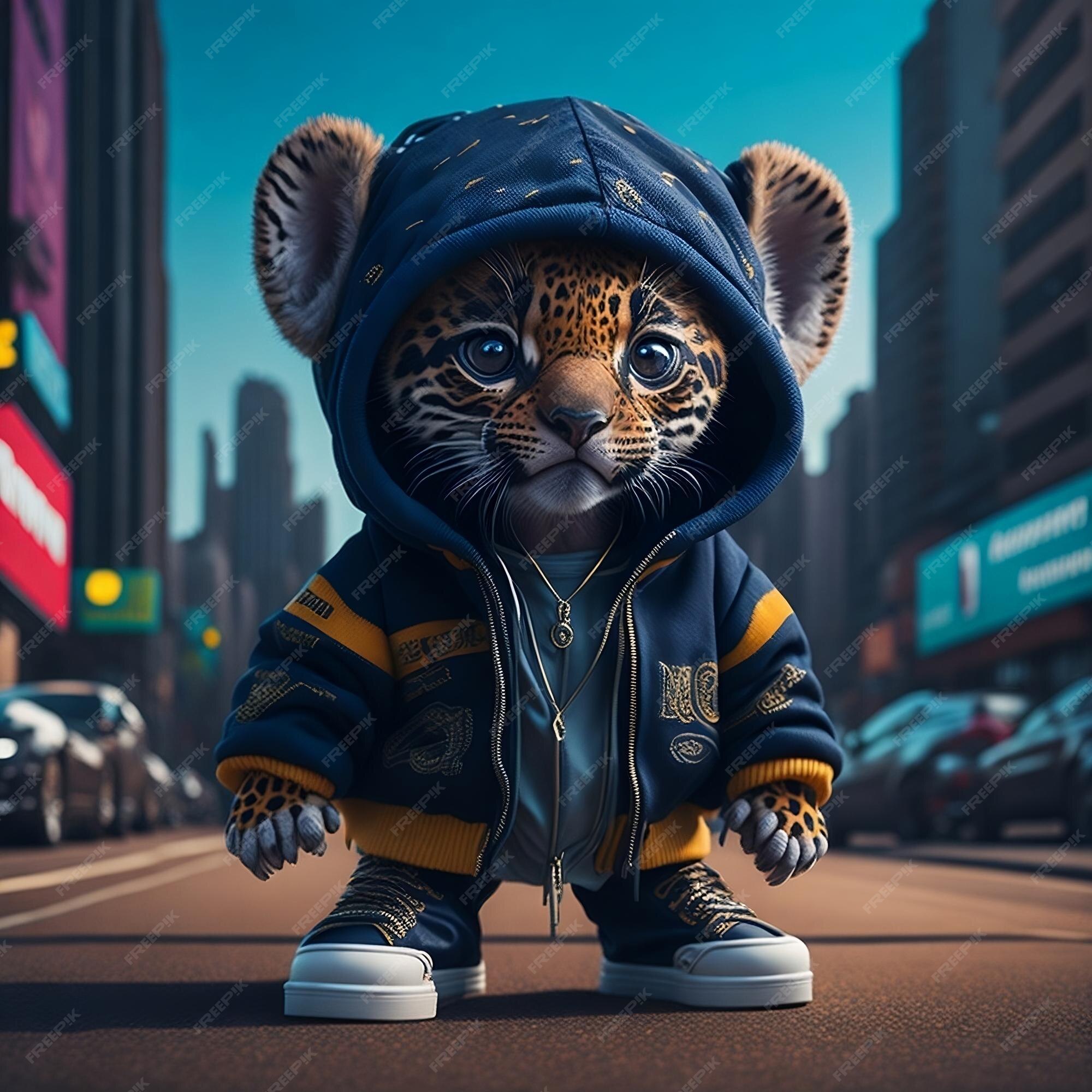 Um lindo tigre bebê hiper realista de kawaii vestindo roupas de hip hop  fundo da cidade