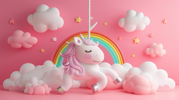 Um lindo unicórnio 3D de pé e sorrindo com arco-íris e nuvens de fundo