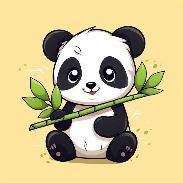 Foto um lindo urso panda de desenho animado segurando uma vara de bambu