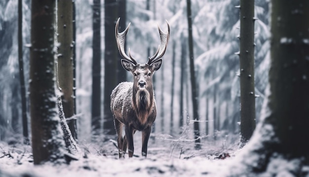 Um lindo veado na neve cercado por uma natureza tranquila gerada por inteligência artificial