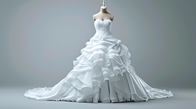 Um lindo vestido de noiva branco com um decollete e uma saia cheia