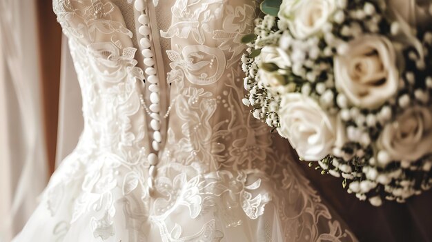 Um lindo vestido de noiva com um decote de amor e sobreposição de renda O vestido é combinado com um buquê de rosas brancas e vegetação