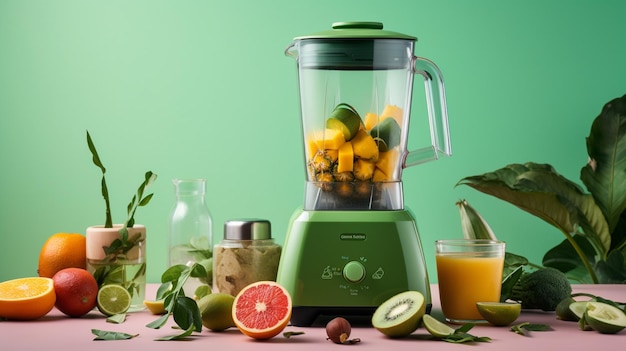 Um liquidificador verde com um liquidificador verde com uma base verde e um monte de frutas ao lado.