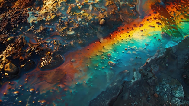 Um líquido colorido arco-íris é visto formas cristalinas e geológicas de metal líquido