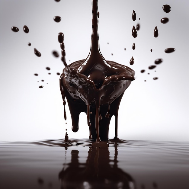Um líquido escuro está sendo derramado no ar com a palavra chocolate nele.