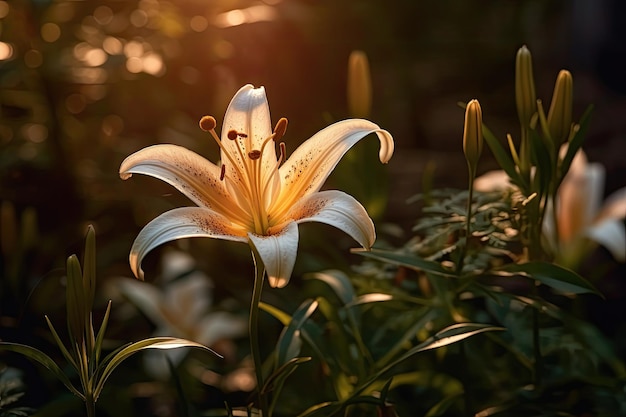 Um lírio branco em um jardim com o sol brilhando sobre ele.