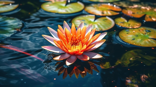 Um lírio d'água senta-se em uma lagoa com nenúfares nele.