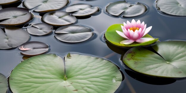 Um lírio d'água senta-se em uma lagoa com uma flor rosa nele.
