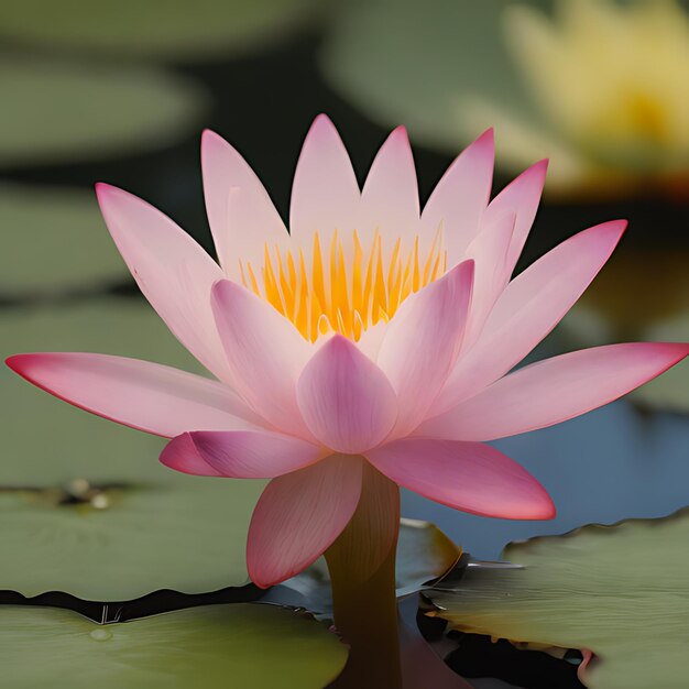 um lírio de água rosa com o centro amarelo e as pétalas cor-de-rosa da flor de lótus